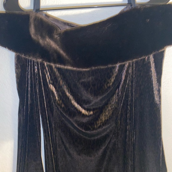 Vintage Joseph Ribkoff Brown Velvet Leopard Print Faux Fur Trim Midi Dress 8 - Picture 5 of 10